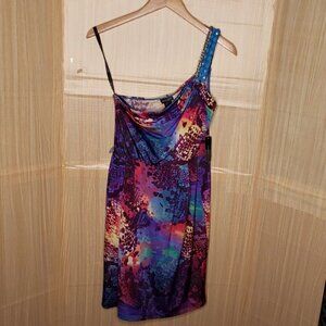 Bisou Bisou Womens New One Shoulder Jewel Tone Animal Print Midi Dress 6